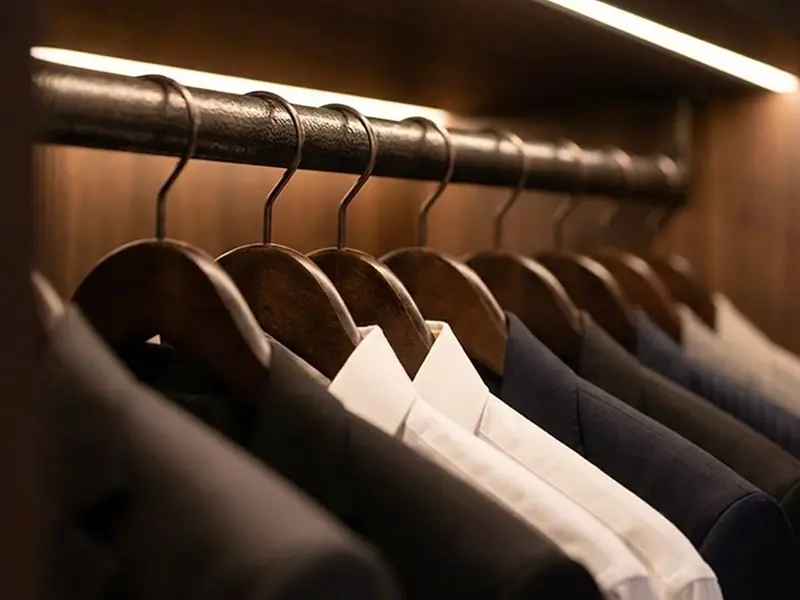 Interior de placard a medida con barral iluminado para camisas y sacos