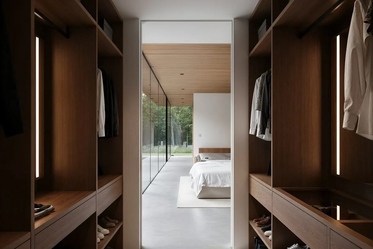 Vestidor walk-in con iluminación LED integrada, abierto al dormitorio